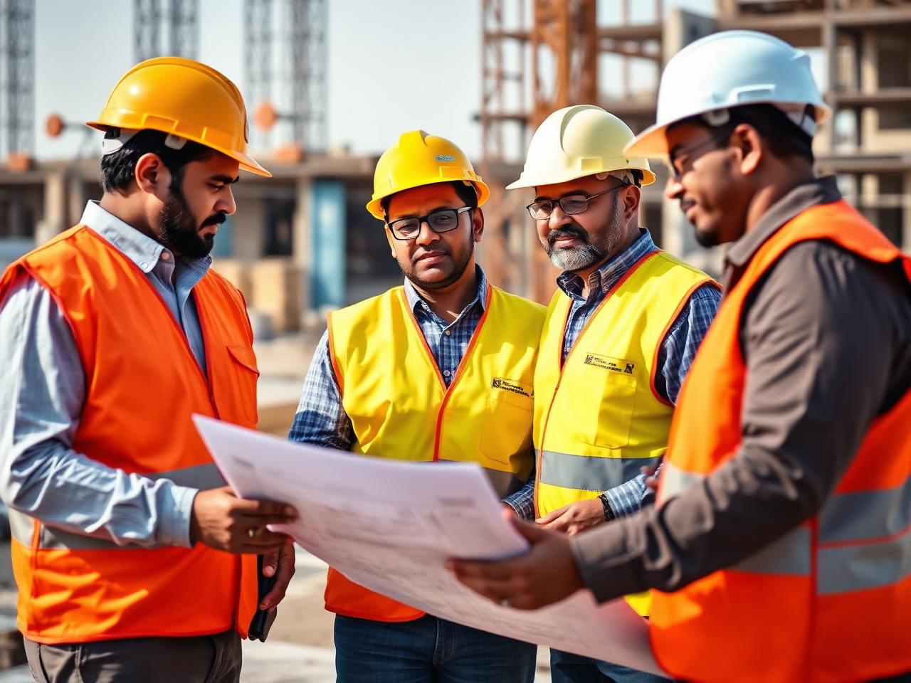 DN Construction project team reviewing blueprints on site